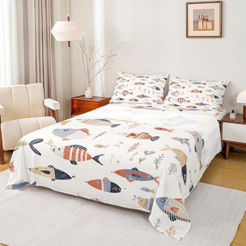 Image of jejeloiu Fish Bed Sheets Set Full Size Ocean Sea Animal Deep Pocket Fitted Sheet Marine Theme Bedding Sets Marine Theme Soft Bed Set 4Pcs with 2 Pillow Cases
