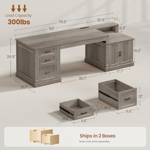 Image of SEDETA Farmhouse 70.9 inch Executive Desk, Home Office Desk with File Drawers and Storage Cabinet, Computer Desk with Power Outlet for Home Office, Work Study Writing, Gray