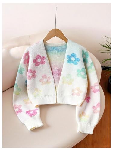 OYOANGLE Girl's Colorful Flower Open Front Cardigan Sweater