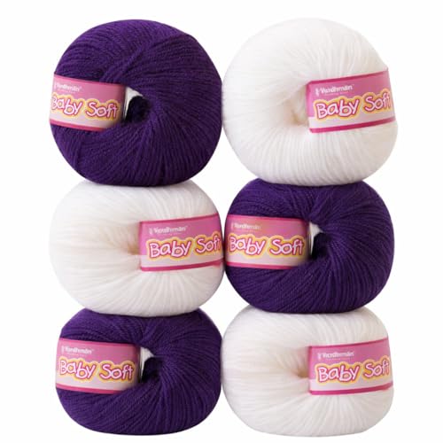 Image of Vardhman BabySoft Knitting Yarn | 100% Acrylic Wool | 4 Ply | Thin Knitting & Crocheting Hook Thread & Lightweight | Special Baby Wool | 150 Grams (6 Balls of 25g) | Machine Washable | Ideal for Blankets, Hats, Booties Ultra-Soft for Baby Sweaters, Blankets, Caps, Socks, Soft toys, Art & craft (Indigo Purple 56 + White 18)