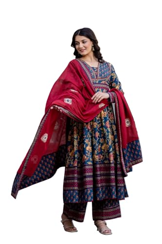 Image of Pistaa's Women's Pure Cotton Anarkali Floral Printed Kurta with Palazzo & Dupatta Set