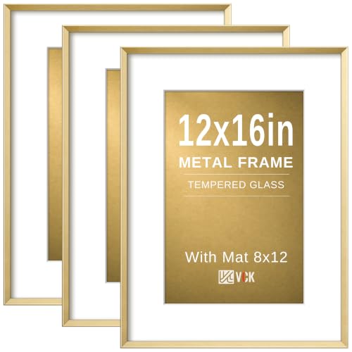 Image of VCK 12X16 Aluminum Picture Frames with Real Tempered Glass Set of 3, Gold Metal Poster Frames with Mat for 8x12 Picture or 12x16 without Mat, Wall Hanging