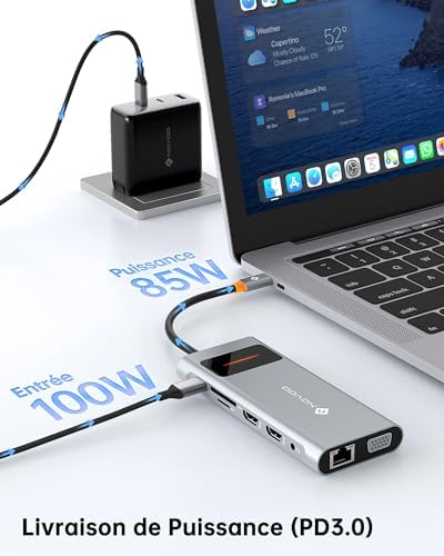Stacja dokująca NOVOO z podwójnym monitorem, 12 w 1 stacja dokująca USB C do Dual HDMI, VGA, 100W PD, RJ45 Ethernet, 4 USB, SD/TF Hub USBC dla MacBook Pro Air Dell Lenovo