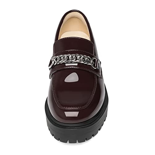 Women's YETIER Leather Loafers, Round Toe, Chunky Design, Penny Casual Fashion Shoes with Chain.