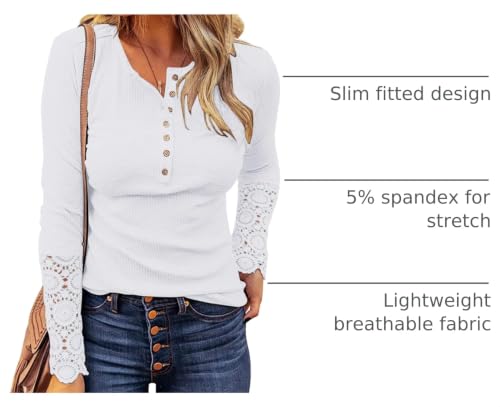 Image of Kancystore Women's Fall Long Sleeve Tops Lace V Neck Button Down Henley Shirts Tunic Blouses