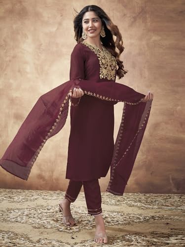 Image of Sanisa Women's Chinnon Embroidery Straight Kurta with Pant and Embroidery Dupatta (38KBD477NZ-S Maroon)