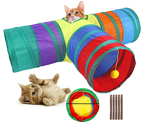 HUIRUMM Cat Tunnel for Indoor Cats Interactive,Collapsible Rainbow Cat Play Tunnel with Play Ball for Indoor Cats, with 2 Holes and Play Ball, Best for Kittens, Rabbits and Other Small Animals (B)