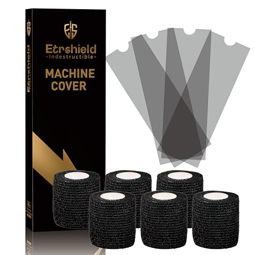 200PCS Tattoo Pen Covers with 6 Rolls Grip Tape Wrap - Large Size (2.56 inch X 7 inch) Transparent Black Bags for Tattoo Machine Waterproof Machine Wrap Sleeves for Tattoo Supplies & Artist