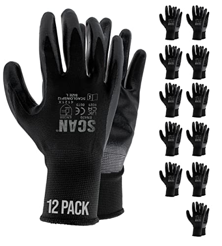 Scan SCAGLOINS12M 12 works Inspection Gloves Nitrile Coated - Medium (Size 8), Black