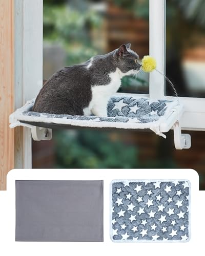SVD.PET Cat Window Sill Perch with Two Fabrics Cover, Metal Frame Sturdy Cat Window Seat for Indoor Cats, No Drilling No Suction Cup Installation Cat Hammock Window Bed for Windowsill and Bedside