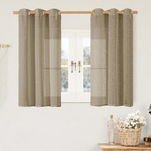 Image of LAMIT Taupe Short Linen Curtains for Small Windows 40 Inch Length, Semi Sheer Light Filtering Panels Bronze Grommet Country Decor Drapes for Basement /Kitchen, 2 Panels, 34 x 40 Inch