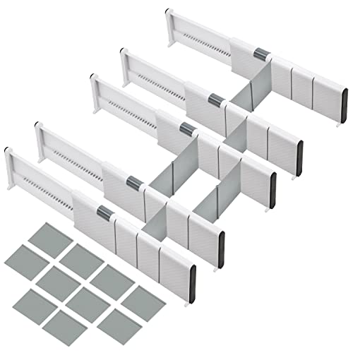 Image of JONYJ Drawer Dividers Organizer 5 Pack, Adjustable Separators with 10 Inserts 4" High Expandable from 11-17" for Bedroom, Bathroom, Closet, Clothing, Office, Kitchen, Strong Secure Hold, White