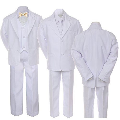 6pc Boy Wedding Communion Baptism White Vest Suit Champagne Satin Bow Tie Sm-20 (Small (0-6 Months))