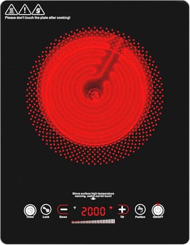 VBGK Plaque Vitrocéramique, 220V 2000W Plaques de Cuisson 1 Plaque, Électrique avec Commande Tactile Led, 9 Niveaux de Puissance, Minuterie 4 Heures,...