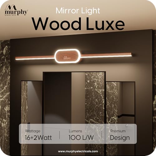 Image of Murphy 16W+2W LED Mirror Light | 3 Color Changing (White /Warm /Natural) | Wooden Finish, Modern Over Mirror Bathroom /Dressing Table Light | Pack of 2 | 2-Year Warranty