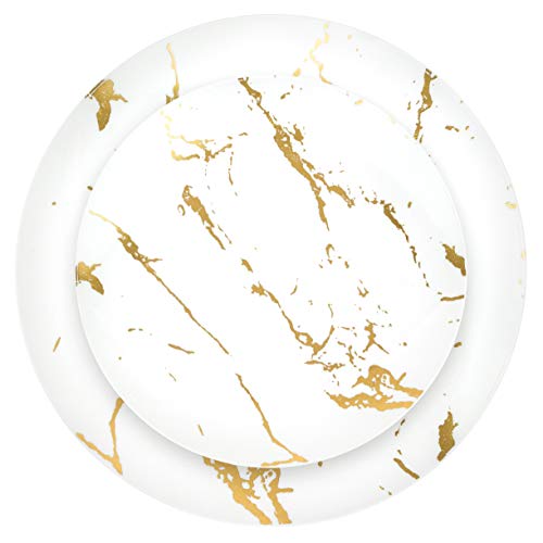 Plasticpro 32 Piece Combo Plates Set includes 16-7'' inch Plate & 16-10'' inch Dinner Plates White Plastic With Gold Stroke Design Party Plates, Premium heavyweight Elegant, Tableware,