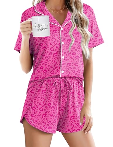 Image of Ekouaer Pajamas for Women Set Button Up Sleepwear 2 Piece Pjs Lounge Set Short Sleeve Nightwear