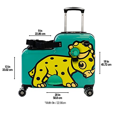 Younglingz Lil Flyer 20" kid ride on suitcase child stroller spinner luggage (Green Triceratops) - Image 3