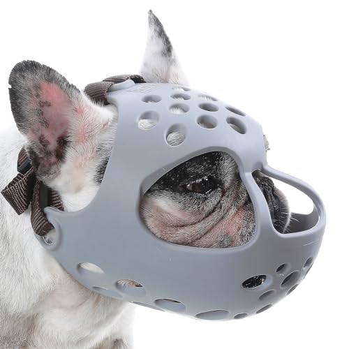 Museruola corta, in morbido silicone con viso piatto per bulldog francese, Shih Tzu e carlino, per mordere masticare leccare e curare, permette di farsi scivolare (Grigio, M)