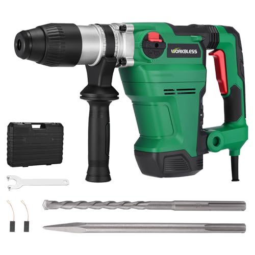 WORKBLESS SDS Max Rotary Hammer Drill, 1-1/2 Inch 13 Amp Heavy and Duty Corded Concrete Demolition Hammer with 3 Functions, 6 Variable Speed, Safety Clutch, Vibration Control, 2 Chisels