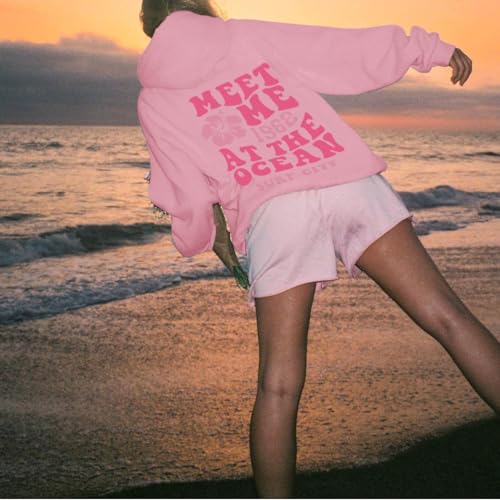 Lubpow Cute Pink Flower Hoodie for Woman Preppy Sweatshirts Trendy Puff Print Letter Graphic Hoodies Casual Pullover Tops(Pink,M)