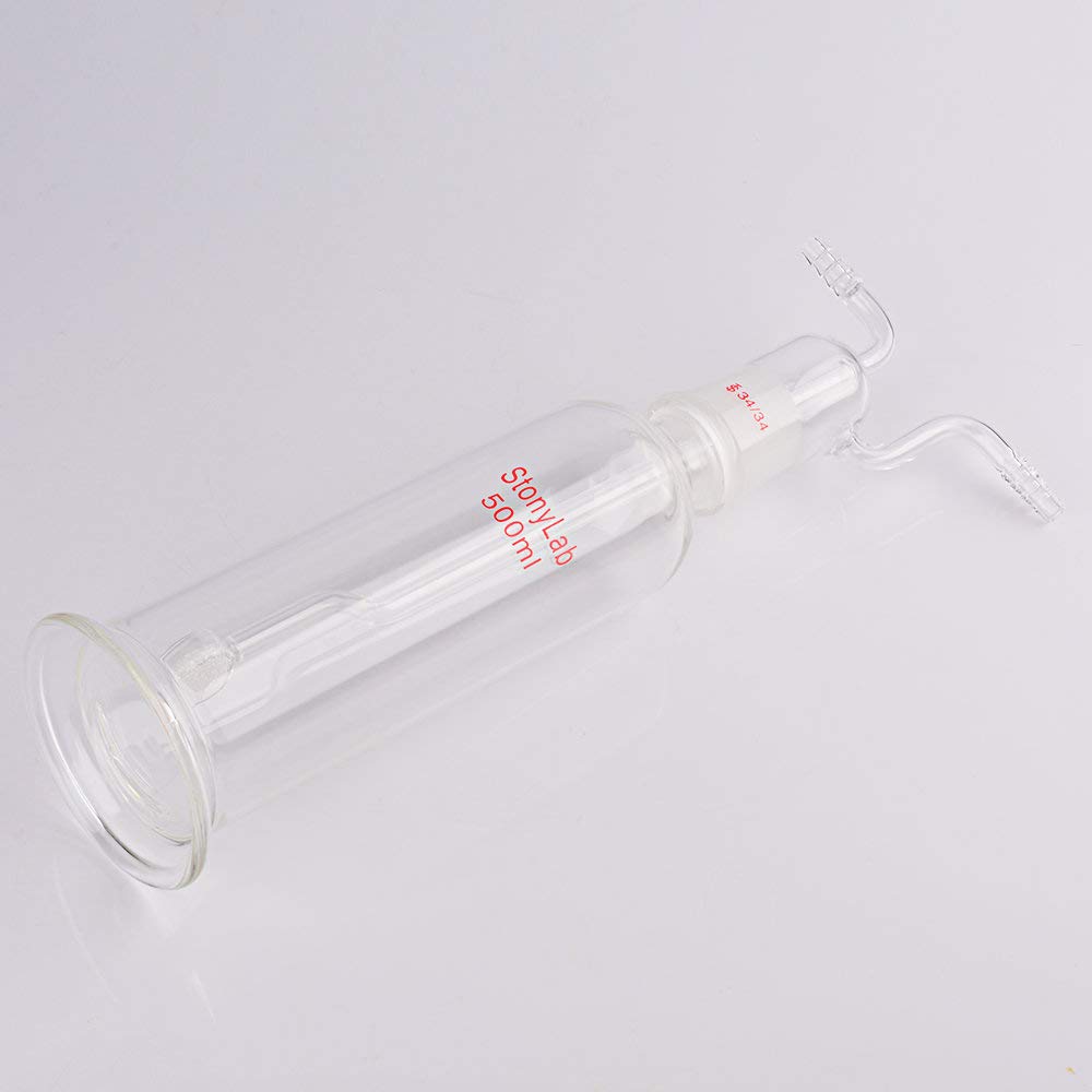 stonylab Bottiglia di Lavaggio del Gas, Vetro Borosilicato 34/34 Tappo Gas Gorgogliatore di Gas Bottiglia di Lavaggio con Disco Fritto e 8 mm di Ingresso OD/Tubi di Uscita, 500 ml
