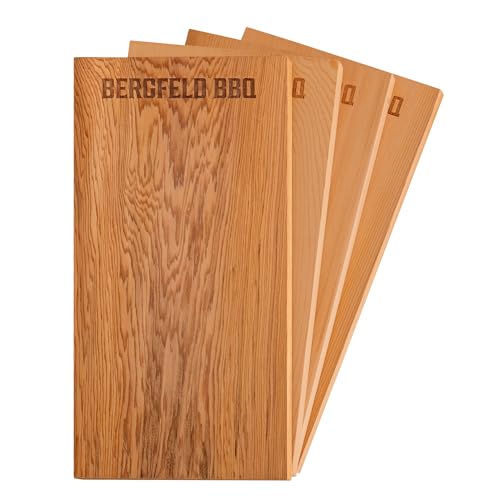 Bergfeld BBQ 4 Stück Zedernholzbretter zum Grillen 30x14x1 cm - Räucherbretter aus 100% kanadischem Western Red Cedar Holz mehrfach verwendbar für besonderes Grill- und BBQ-Aroma