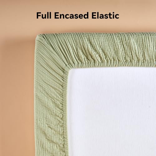 Image of TILLYOU Muslin Mini Crib Sheets 2 Pack, Pack and Play Mattress Sheets Fitted for Pack N Play, 38 x 26 Sheet for Toddler, Forest Green and Light Green