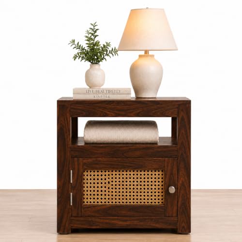 Image of Solid Sheesham Wood Bedside Table with Cane Door | Wooden Nightstand with Open Shelf & Storage Cabinet | Modern Side Table for Bedroom & Living Room