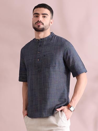 Image of Filori Lurex Checks Design Short Kurta | Pure Cotton | Half Sleeves | Mandarin Collar
