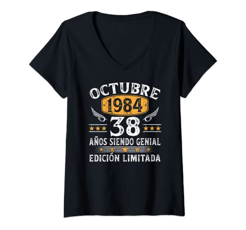 Mujer 38 Años Cumpleaños Hombre Vintage Hecho En Octubre 1984 Camiseta Cuello V