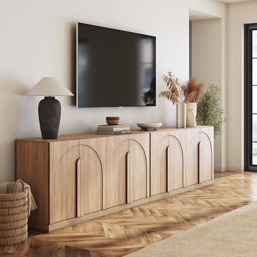 Image of BELLEZE Set of 2 Bijou 64 inch Modern Buffet Sideboard, Mid-Century Arch Carved Wood Door Cabinet, Textured Storage Console for Living Room, Kitchen, Entryway - Camel