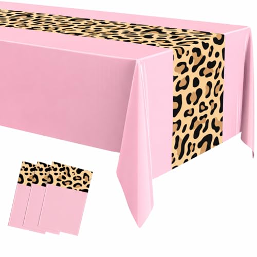 Image of Buryeah Leopard Print Tablecloth 54 x 108'' Leopard Plastic Table Cover Disposable Safari Animal Cheetah Print Party Decorations for Baby Shower Wedding Birthday Party Favors (Pink,3 Pcs)
