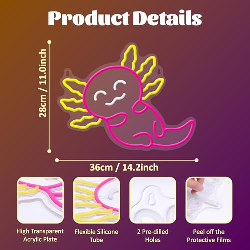 Image of Axolotl Neon Sign for Bedroom, Okayera Dimmable LED Light Wall Decor, Cute Pink Kawaii Anime Axolotl Gifts for Kids Girls Animals Lovers, Nightlight for Living Room Nursery Gamer Party Theme Decor