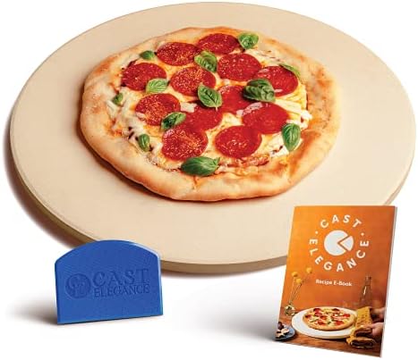 Cast Elegance Durable Thermal Shock Resistant Thermarite Pizza and Baking Stone for Oven and Grill, Includes Recipe E-Book & Cleaning Scraper, Large, 16 inch Round, 5/8th inch Thick