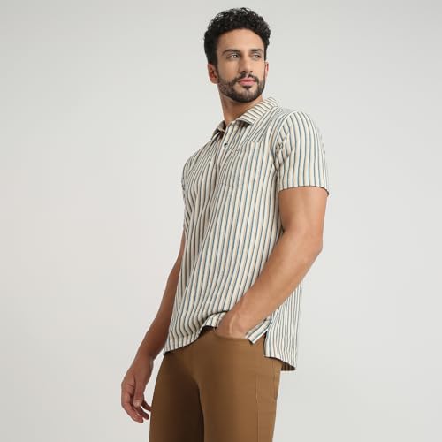 Image of Colorplus Men Regular Fit Stripe Pattern Pure Cotton Half Sleeve Polo Neck Casual T-Shirt