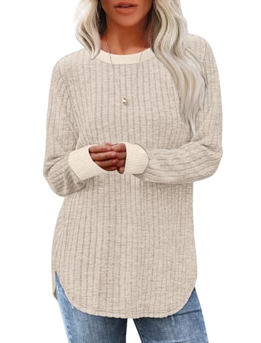 Saloogoe Sweaters for Women Long Sleeve Shirts Fall Outfits 2025 Tunic Tops Loose Fit Crewneck Color Block Ribbed Collar2