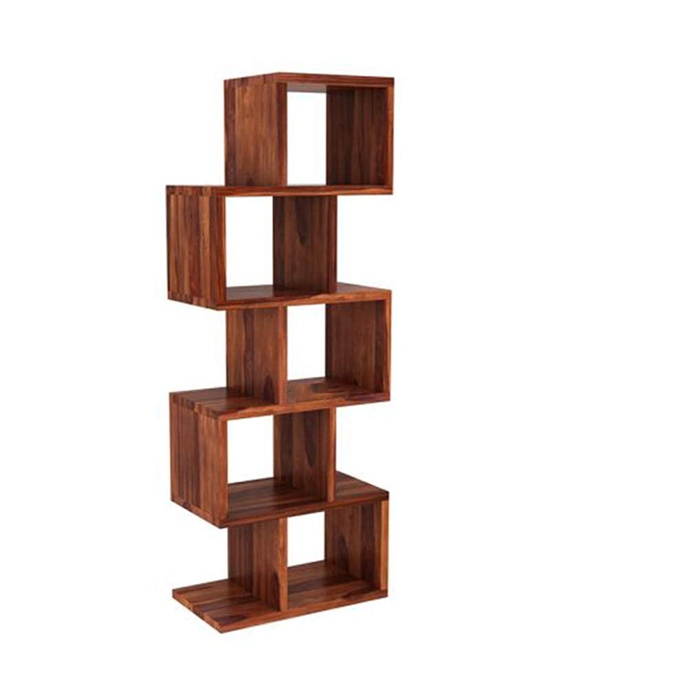 Solid Sheesham Wood 5 Tier Open Book Shelf for Living Rooms Office Home Zig Zag Wooden Display Shelves Furniture (Honey Finish)-image-34