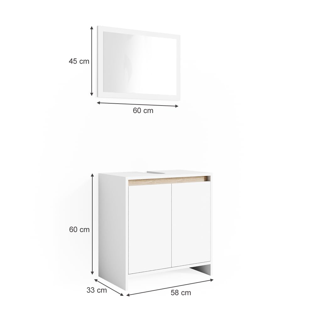 Vicco Set mobili bagno Emma, Bianco/Sonoma, 58 cm, composto da specchio da bagno e mobile sottolavabo