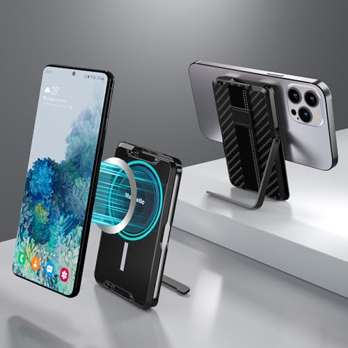 for Magsafe Wallet, Magnetic Phone Wallets, Front Pocket Wallets for Men, Slim Minimalist Wallet with Money Strap/Grip, Pop Up Case|Phone Stand|Rfid Blocking|Card Holder(Carbon Fiber)2