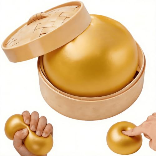 Image of Dumpling Squishy, Glitter Dumpling Squishy, Squishiest Dumplings with Steamer Box, Stress & Anxiety Relief Toys for Kids & Adults Non-Edible (Glitter Gold)