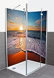 ARTLAND Duschrückwand Eck mit Motiv individuelles Wunschmaß Fliesenersatz Alu Rückwand Dusche Verkleidung wasserfest Duschwand Bad 2 Segmente Sonnenuntergang und das Meer S7LE