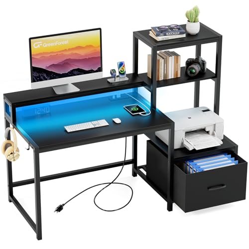 GreenForest Computer Desk with Drawers and Monitor Stand, Home Office Desk with Storage Shelves, Small Gaming Desk with Power Outlets and LED Lights for Study Writing Working, 51 inch Black