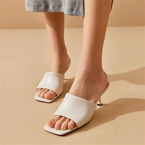 Women's Calfskin Leather Slippers - Solid Color Square Toe Thin Heel Flats2