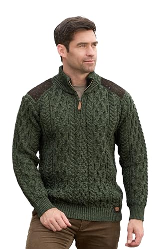 Aran Crafts Quarter Zip Sweater with Tweed Patches, Authentic and