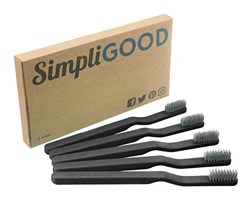 SimpliGOOD Toothbrushes - Soft Ultra-Fine Nylon Bristles, BPA-Free Plant Based Plastic Toothbrush - Black (5 Count)