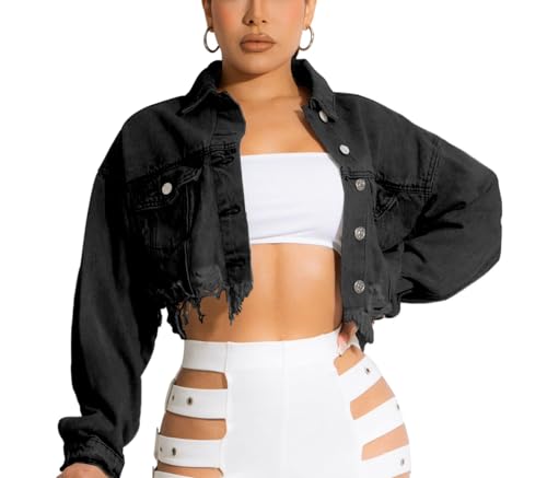 HTD Womens Cropped Jean Jacket Button Up Long Sleeve Ripped Distressed Denim Jacket Frayed Hem Black XL