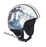 Forbiciotto Casco in pelle sintetica vintage retrò con stampa Totò Antonio De Curtis seduto su una Lambretta/Vespa,rivestito e personalizzabile nei colori e nei loghi su commissione del cliente (S)