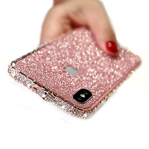 MeiQing Bling Frame and Sticker for iPhone Xs Max Case Glitter Bling Back Skin Sticker + Crystal Edge Cover for iPhone Xs Max with Screen Protector (Pink)