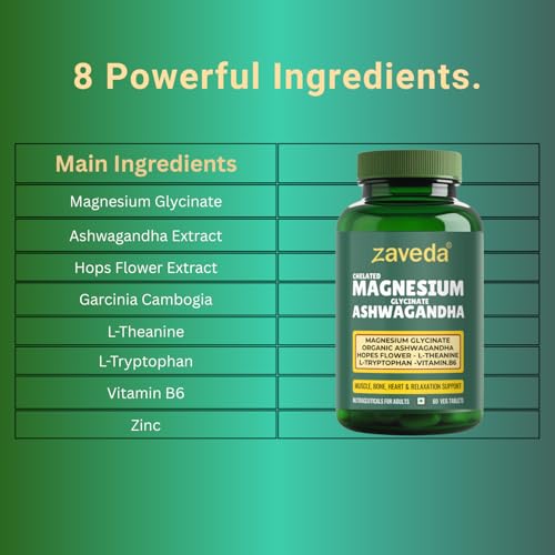 Image of Magnesium Glycinate Ashwagandha Tablets with Hopes Flower, B6, L-Theanine, L-Tryptophan & Zinc | Highly Advanced Plant Based Formula | Muscle Recovery, Sleep & Nerve Health | 60 VegTablets